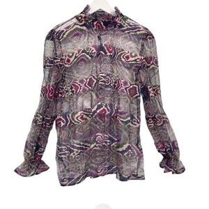 CQBYCQ Sheer Top Medium Ruffled Neck Long Sleeve Loose Fit Bodice